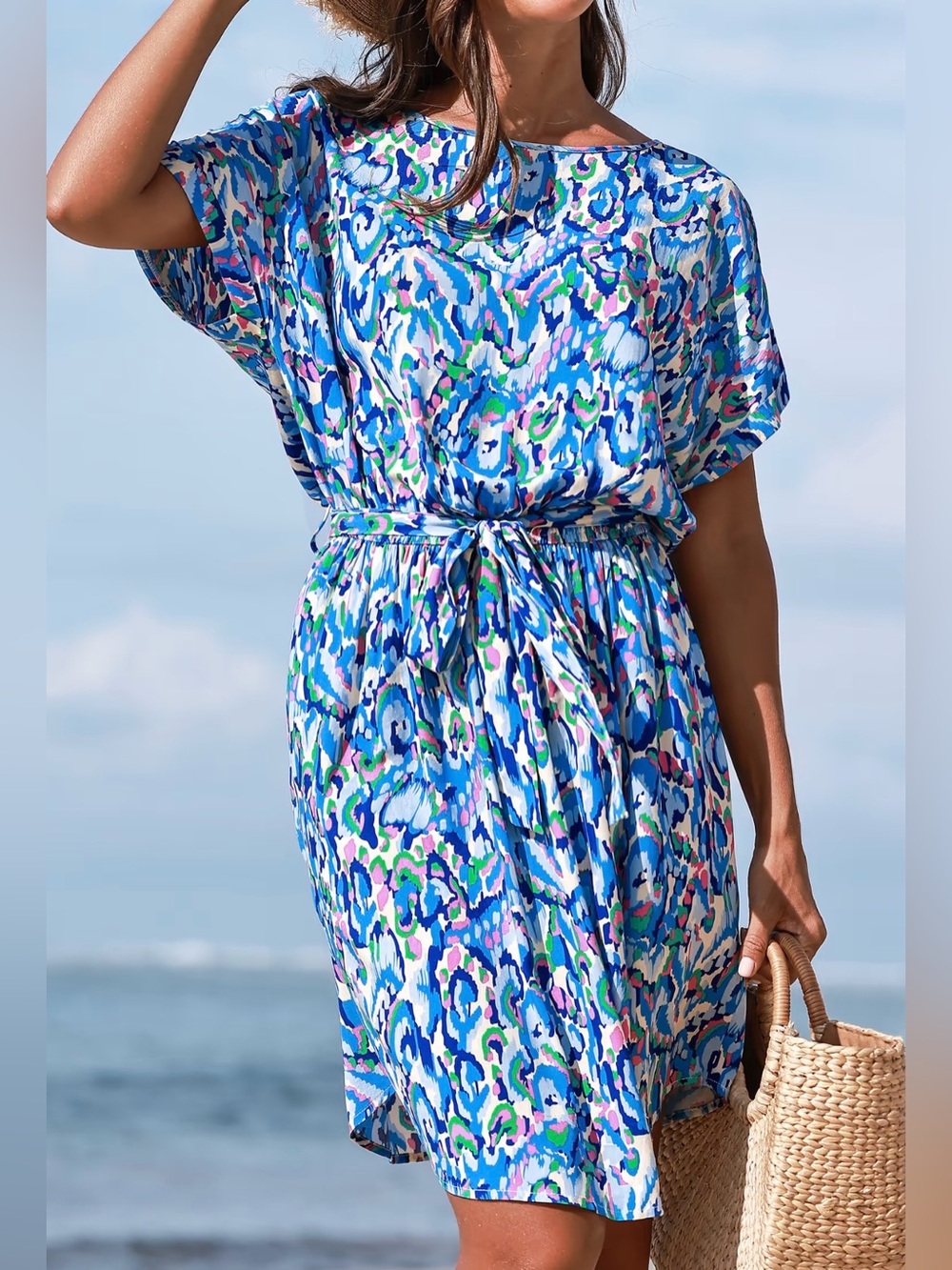 Cupshe • Women’s Blue Boho Abstract Print Belted Mini Summer Dress XL NWT